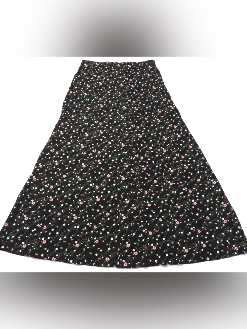 Vintage Black Floral A-Line Maxi Skirt - Pink & White Flower Print M